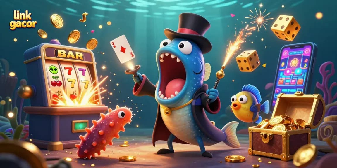 Experience the excitement with link gacor through a magical underwater casino scene full of vibrant elements and characters.