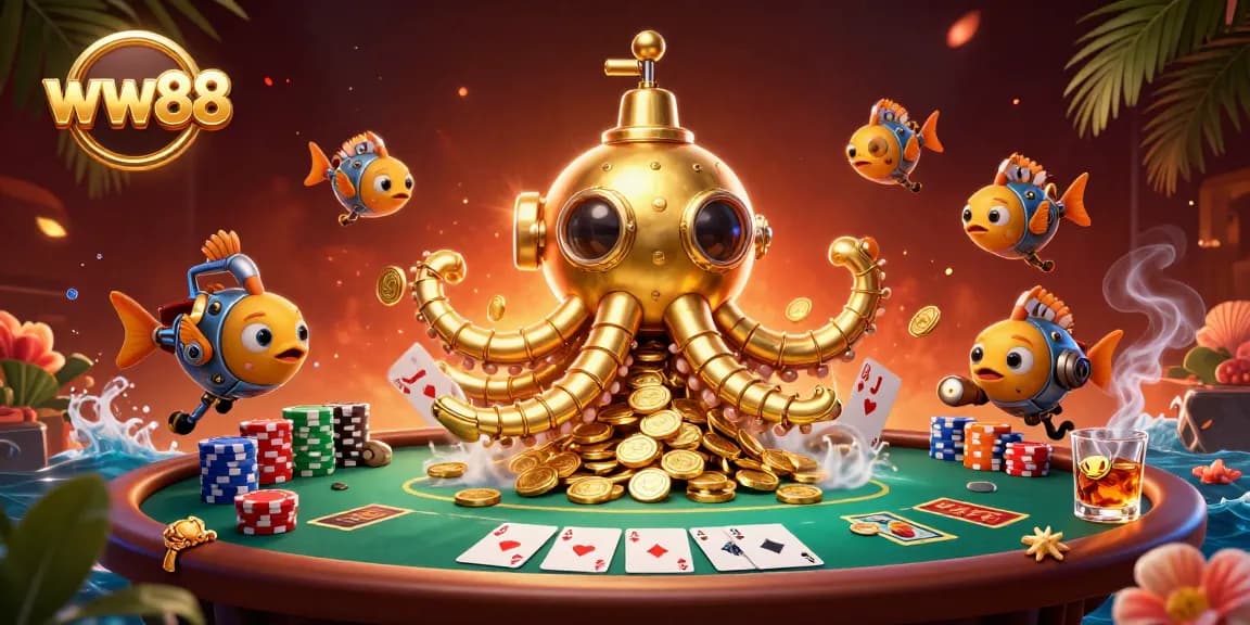 Engage with ww88's thrilling golden kraken submarine adventure amidst vibrant poker action.