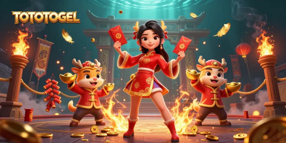 TOTOTOGEL highlights an energetic scene featuring an Asian woman celebrating Lunar New Year amidst casino elements.