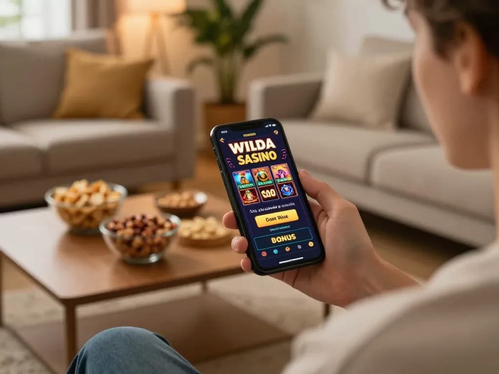 Player activating wildsultan code on smartphone for online casino gaming in cozy living room.