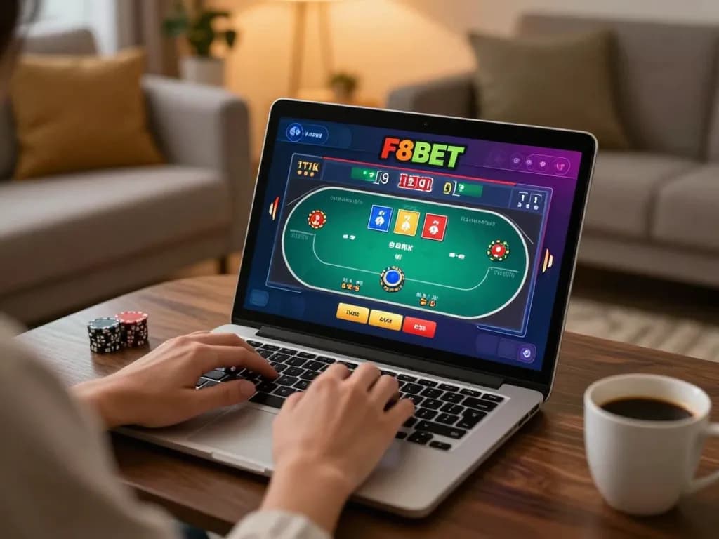 Engaging in online gaming with F8BET on a laptop, showcasing a cozy home environment.