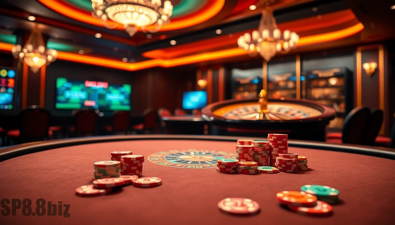 Experience thrilling gameplay at https://sp8.biz/ with vibrant poker tables and roulette in a luxurious casino.
