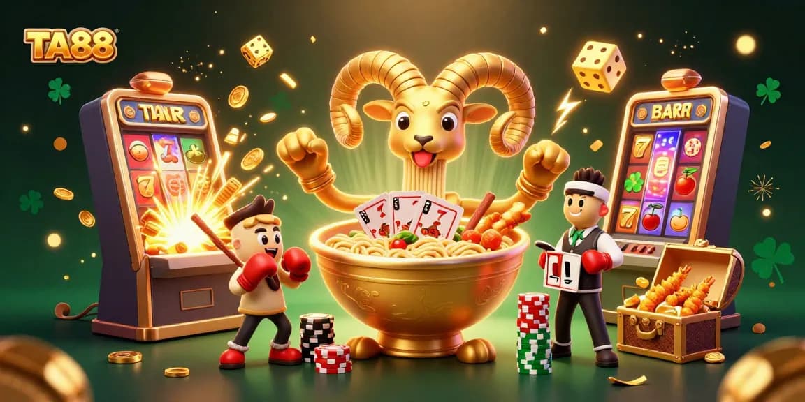 TA88 interactive casino scene with cartoon characters, vibrant jackpot elements, and festive atmosphere