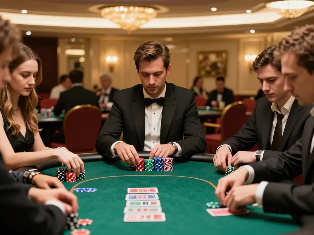 KJC players engaged in strategic poker game with colorful chips, showcasing a lively casino atmosphere.