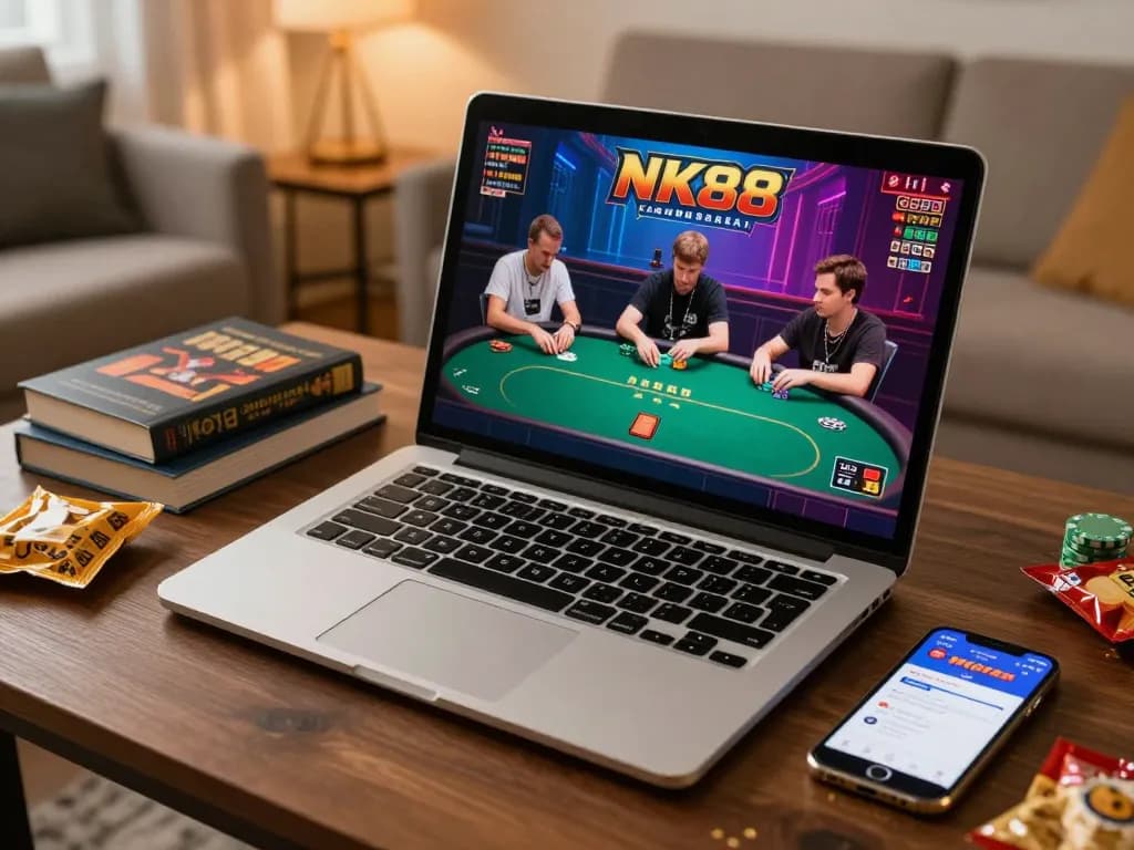 Players engage in a strategic online poker game at home, featuring NK88 app on the table.
