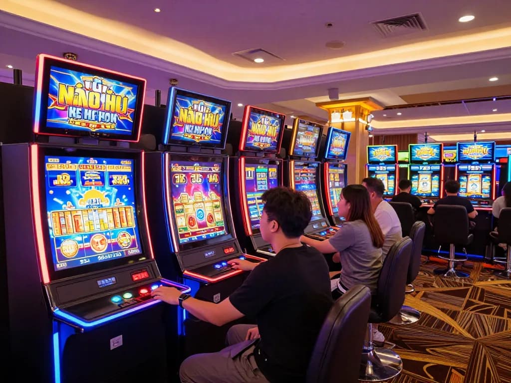 Players engaged in nổ hũ slot machines surrounded by colorful lights and excitement.