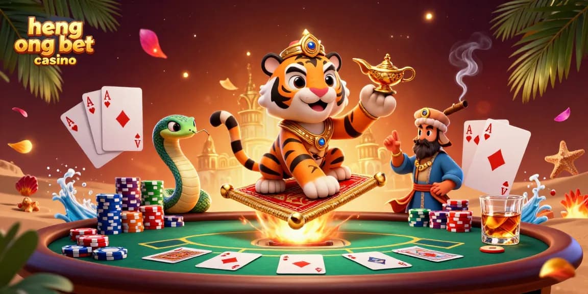 Experience excitement at heng ong bet casino with a vibrant casino scene featuring the tiger sultan, poker elements, and animated richness.