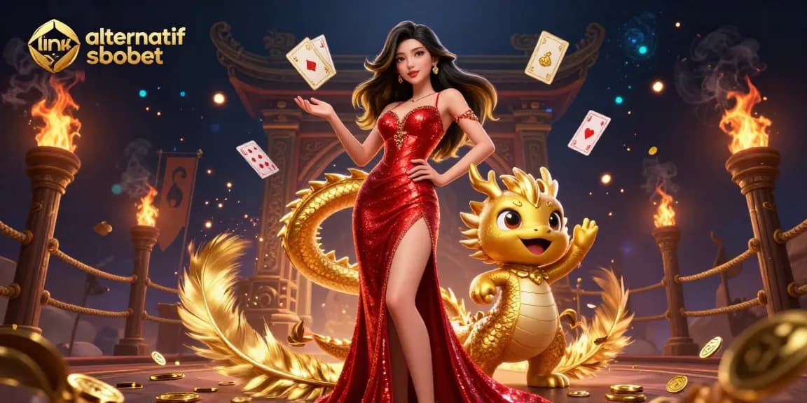 Engage in thrilling gameplay with link alternatif sbobet featuring a glamorous woman and golden elements.