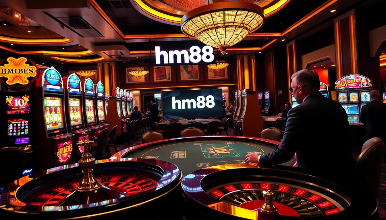 Players enjoying high-stakes poker at an HM88 casino, showcasing luxury and excitement.