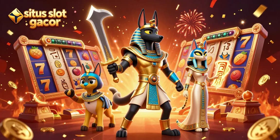 situs slot gacor showcasing Anubis and Bastet in a thrilling casino scene with slot reels