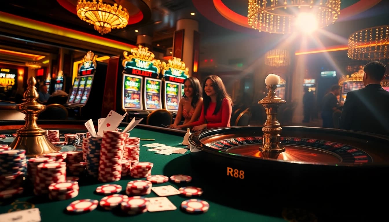 Experience gambling excitement at RR88 with a vibrant casino scene, poker chips, and roulette wheel action.