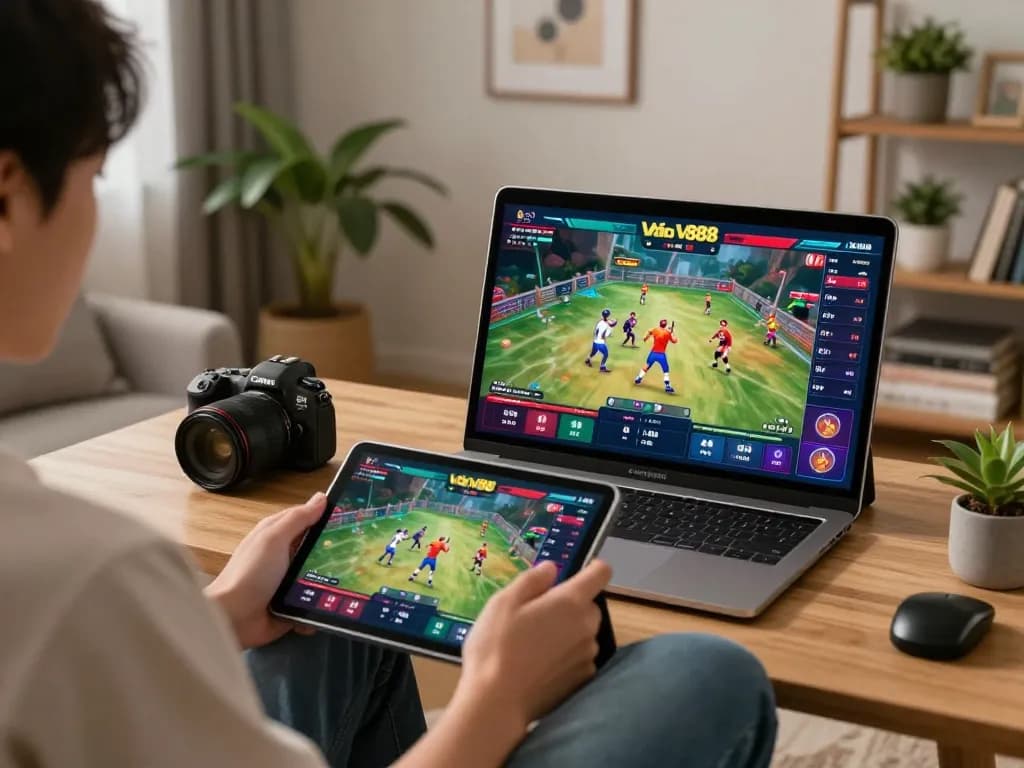 Watch live cockfighting matches from Nhà cái V888 on a tablet at home, immersive gaming atmosphere.