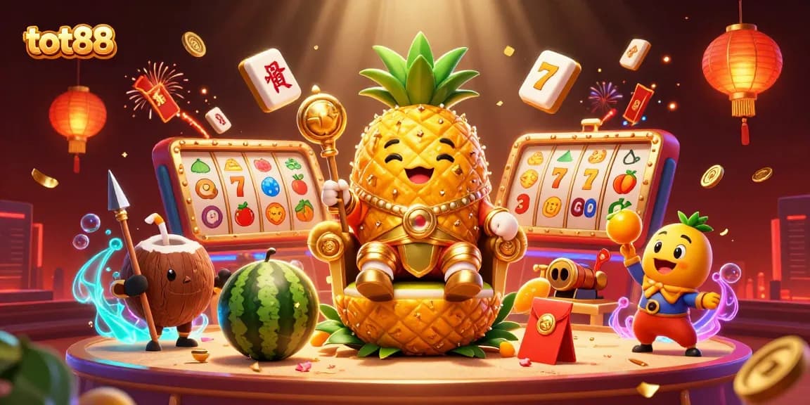 Experience the dynamic casino scene of tot88 with a golden pineapple king, vibrant colors, and slot elements.
