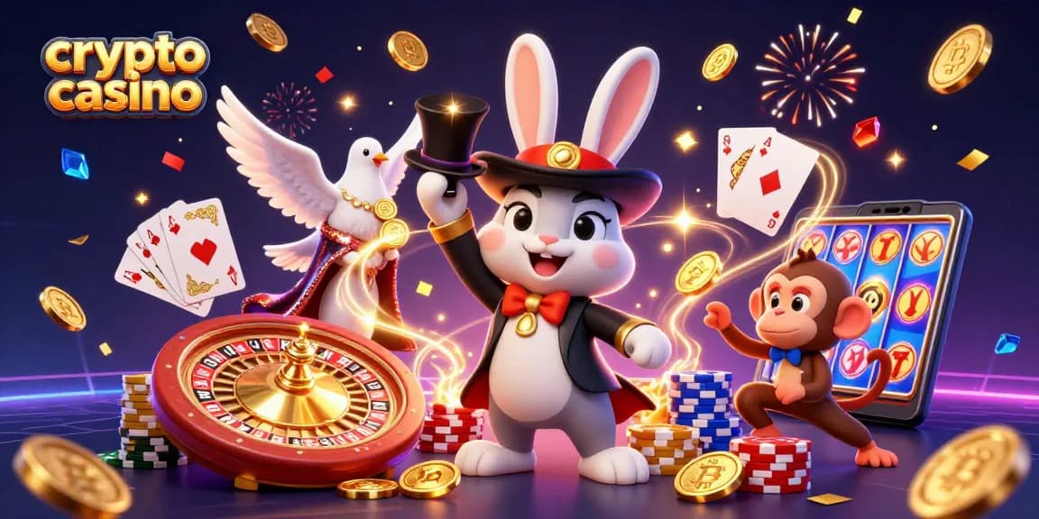 Cascading golden coins and vibrant characters illustrate excitement at a crypto casino, featuring a magician rabbit, a dove, and a monkey.