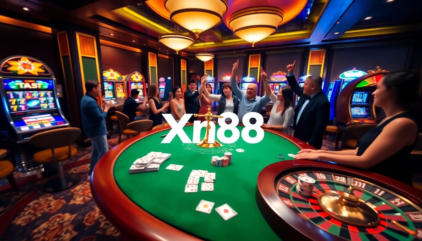 Experience the thrill of Xin88 with a vibrant casino scene featuring poker, roulette, and excited gamblers.