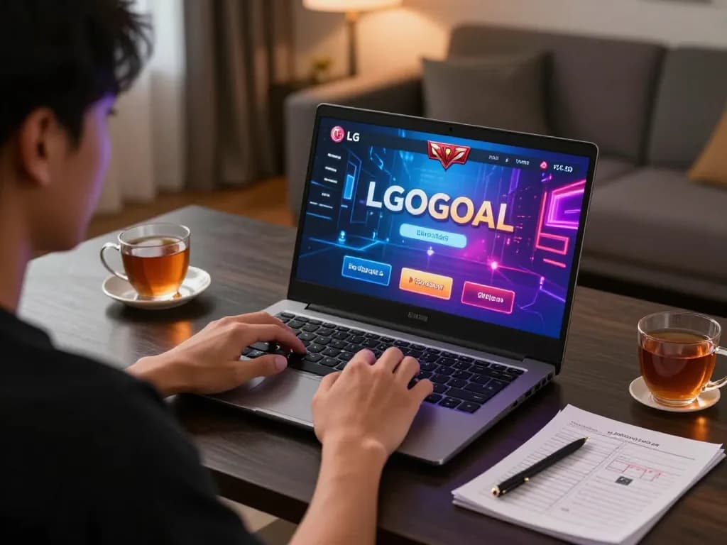 Player engaging with LGOGOAL online gaming platform on laptop in a cozy home setting.