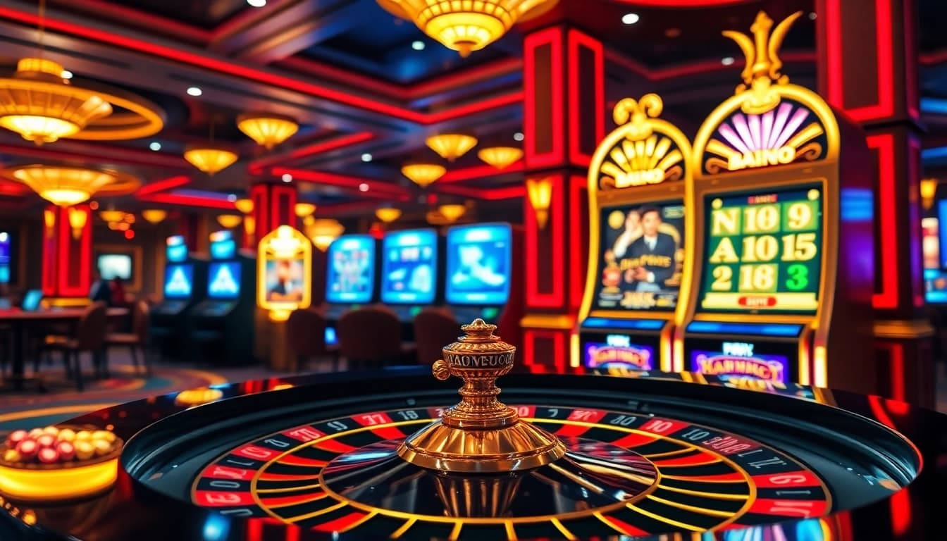 Nổ Hũ Đổi Thưởng winning moment at an elegant casino table with vibrant slots and roulette.