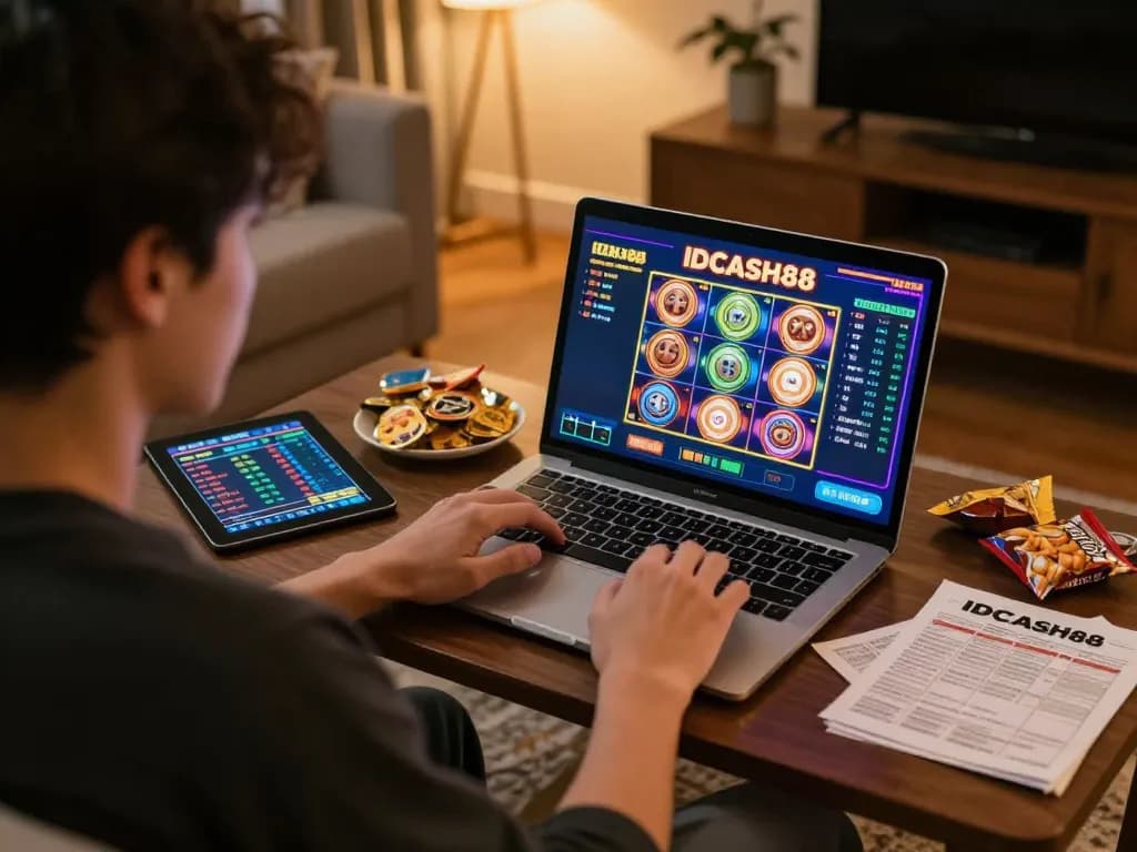 Experience thrilling gameplay on IDCASH88 with a cozy online gambling scene featuring a gamer intensely focused on their laptop.