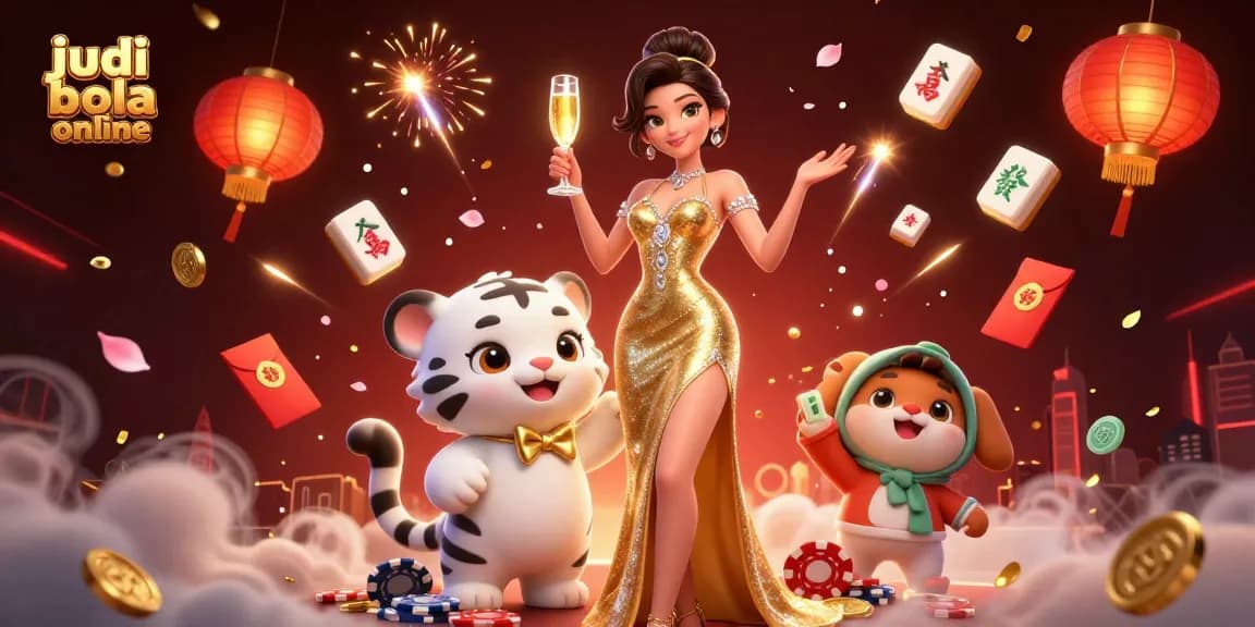 Engage in judi bola online excitement with a glamorous woman and a lucky tiger in a festive casino scene.