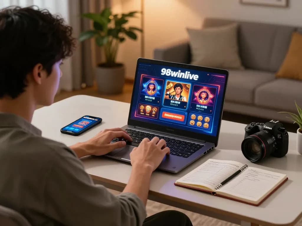 Engaging with 98winlive on a laptop, showcasing diverse casino games in a cozy home setup.