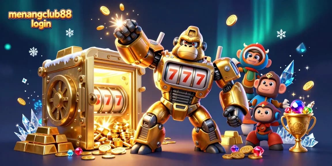 Win big with tactics at menangclub88 login, featuring an exciting 3D illustration of a golden mech and treasure.