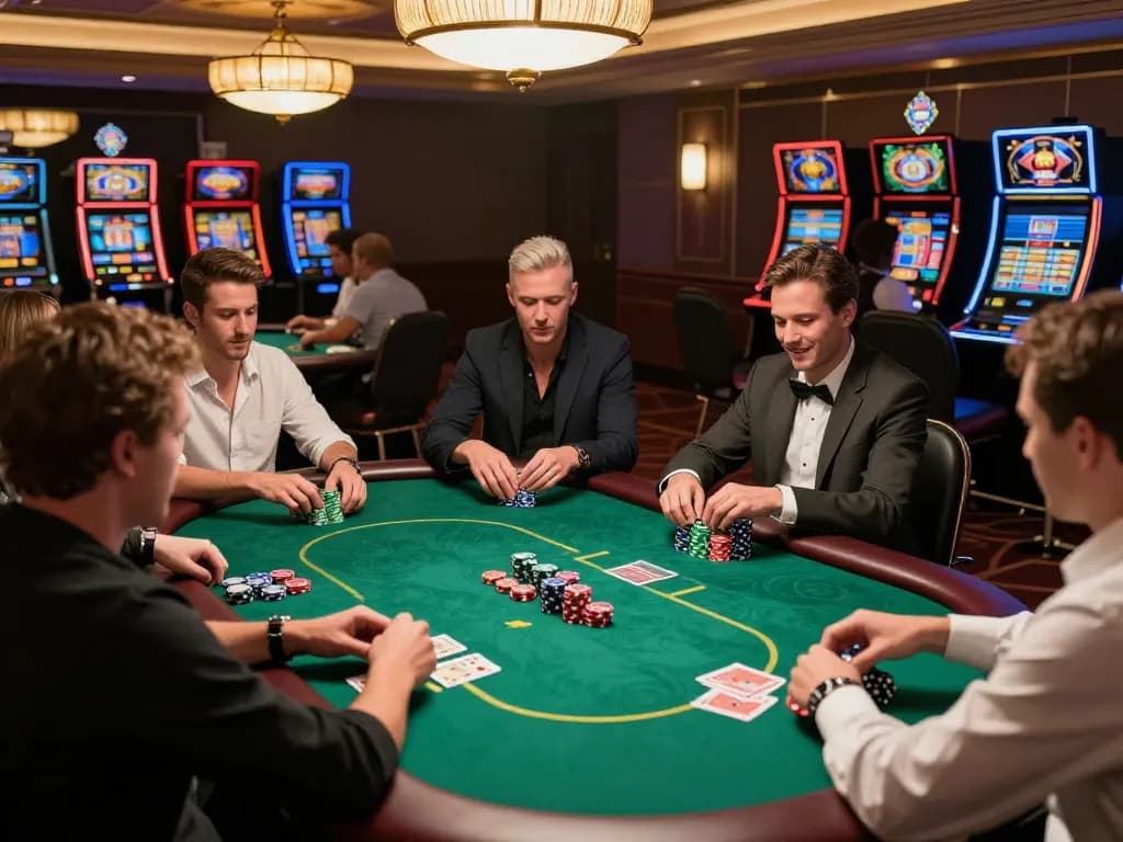 Engaged players at IDC88JOKER poker table focused on their cards and bets, capturing the thrill of high-stakes action.