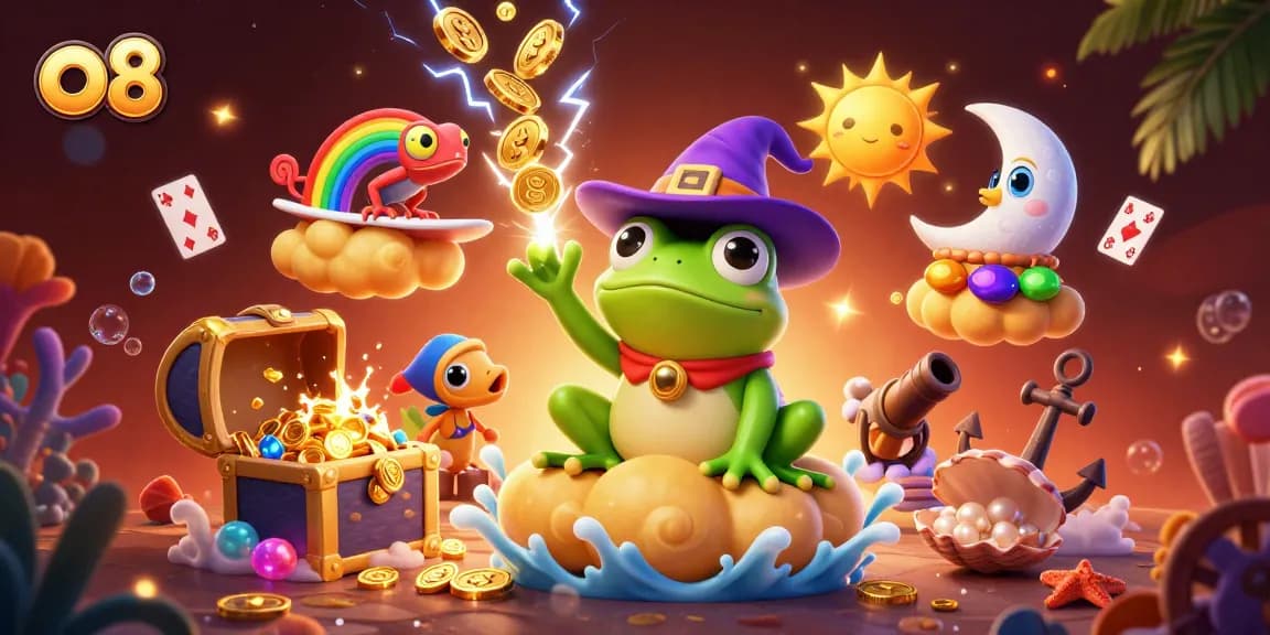 Experience excitement with o8 as a frog wizard conjures golden coins in a vibrant gaming scene.