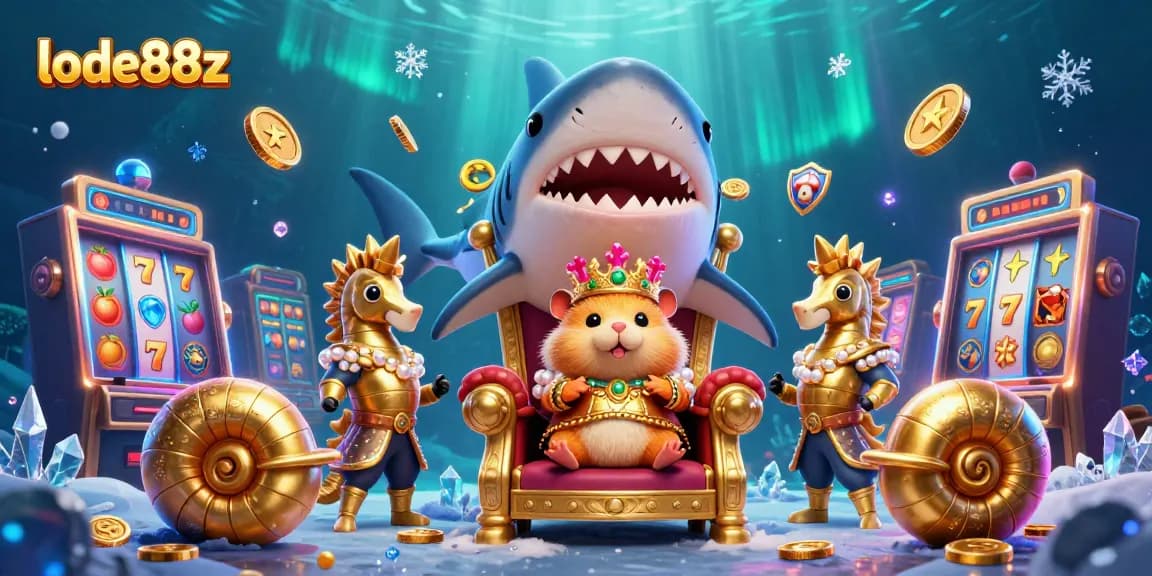 Experience the excitement of lode88z with a vibrant and regal underwater casino scene featuring characters and slot machines.
