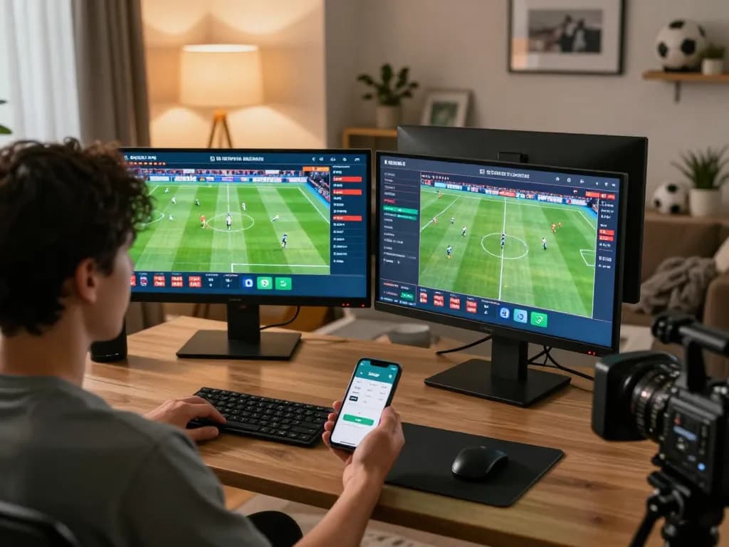 Engaging viewer analyzing live sports odds on xoilactv39 with smartphone and multiple screens in a cozy atmosphere.