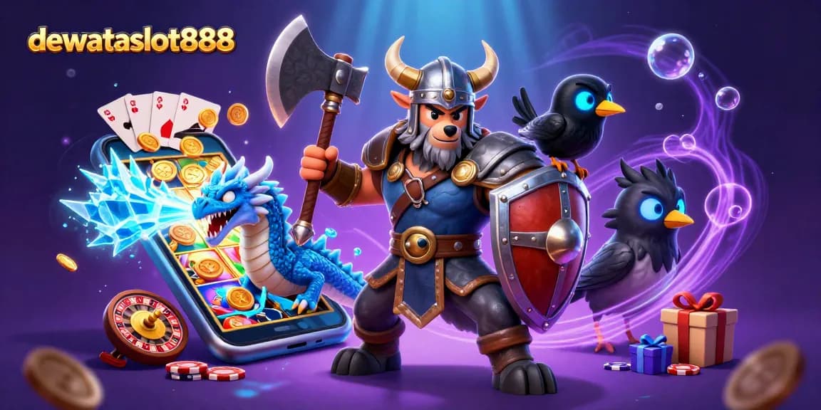 dewataslot888 memadukan karakter Viking dan naga dalam ilustrasi yang menonjolkan permainan slot.