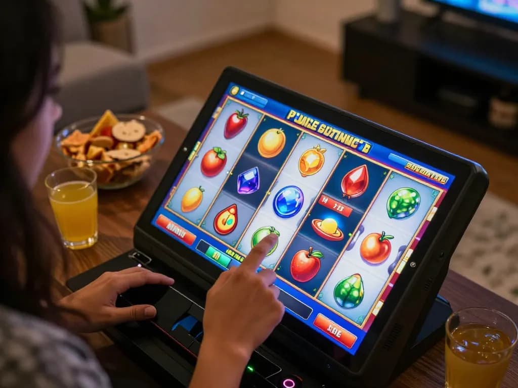 Pemain memutar mesin slot pulsa berwarna-warni di smartphone dalam lingkungan rumah yang nyaman.