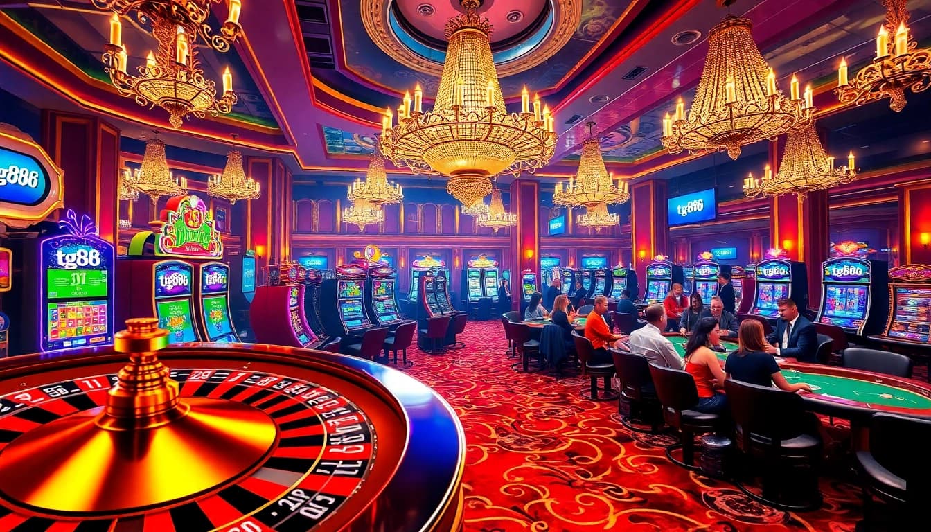 TG88 link showcases an exciting casino environment with roulette and slot machines.