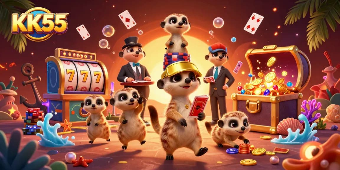 Engage in thrilling slots action at KK55 with playful meerkats managing a vibrant casino.