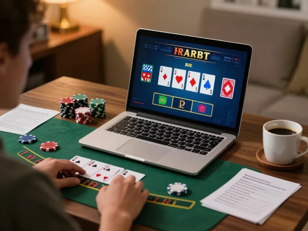 Player enjoying open 88 blackjack game on laptop at home office, illustrating engaging online gambling.
