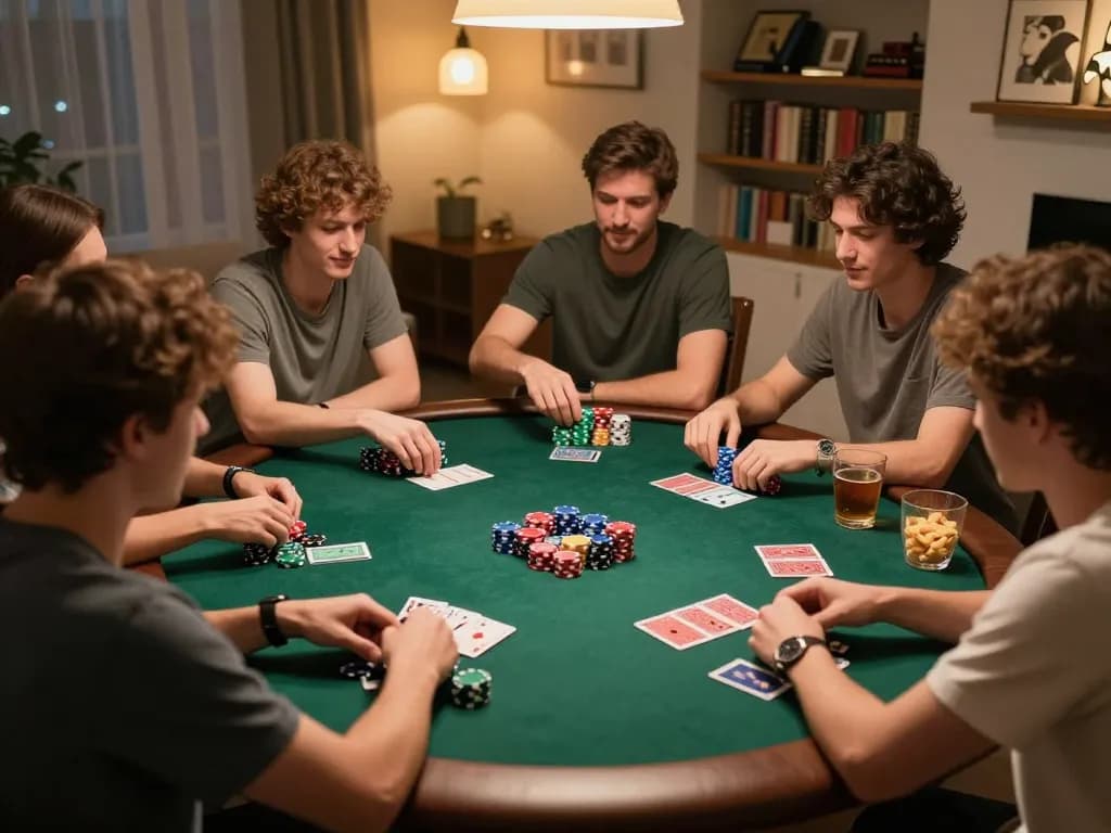 Friends engaged in a lively poker game at home, showcasing mm88 betting strategies and vibrant poker atmosphere.