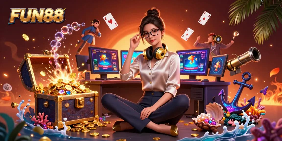 Experience thrilling casino games with FUN88 as a professional gamer oversees the vibrant action.