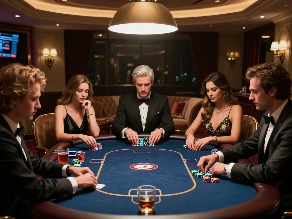 Engaged players at RR888's exclusive VIP poker table, showcasing strategic gameplay in a luxurious casino setting.