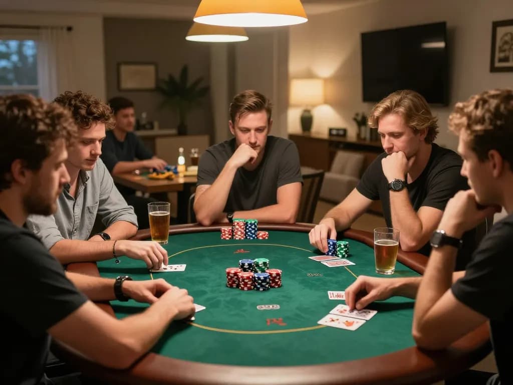 Dewatogel Link Alternatif Login Terbaru showcased in a lively home poker game, players strategizing their next moves around the table