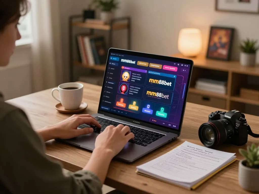 Gambling enthusiast enjoying mm88bet on a laptop at home, with notes on betting strategies