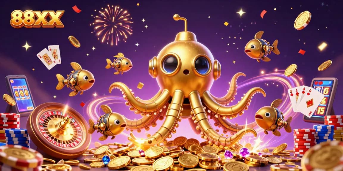 Experience the excitement of 88XX with a vibrant underwater casino scene featuring a golden kraken and mechanical fish.