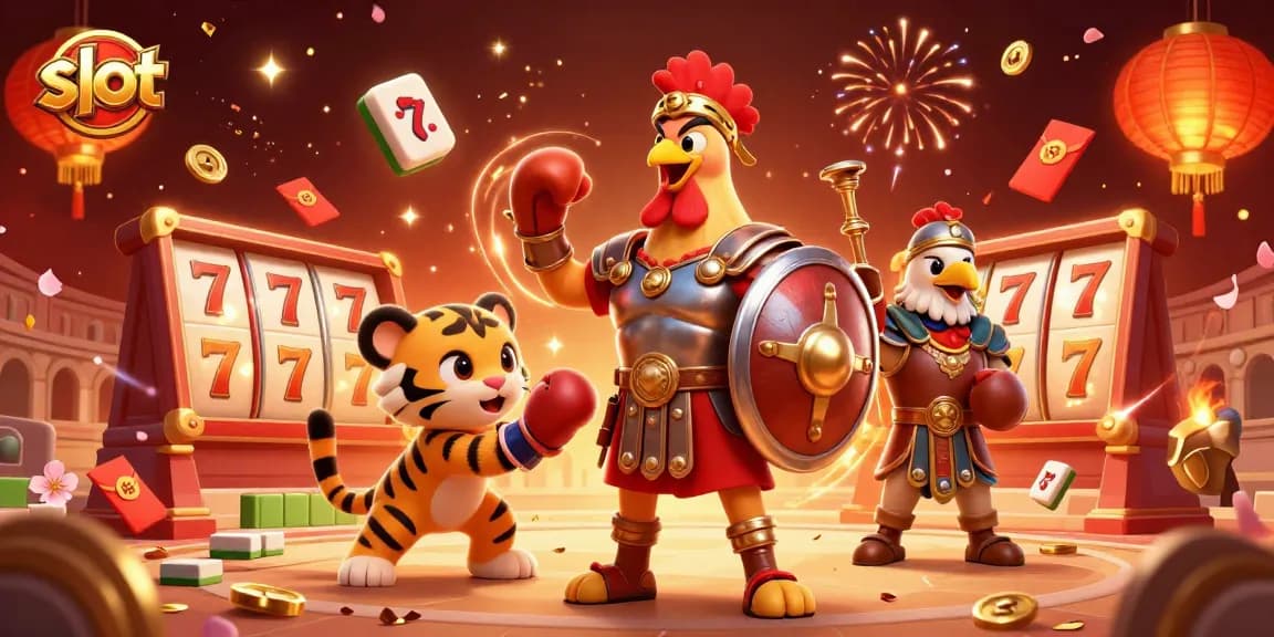 Rasakan keseruan bermain slot dengan ilustrasi 3D karakter ayam jantan dan berbagai elemen permainan.