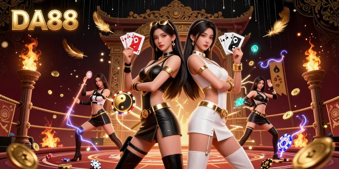 Engage in thrilling gameplay with DA88 as stunning twin Asian women showcase vibrant poker skills in an ultra-detailed casino scene.