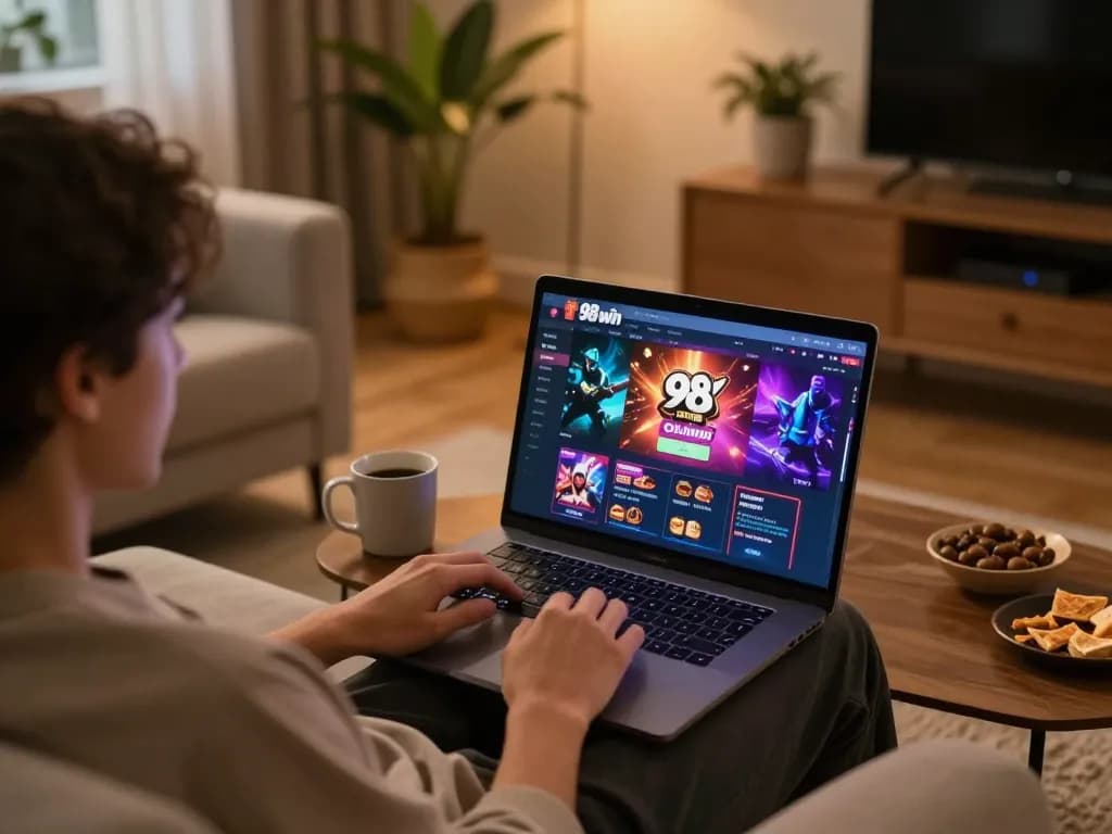 Person engaging with the 98win online casino on laptop, illustrating a strategic gaming moment