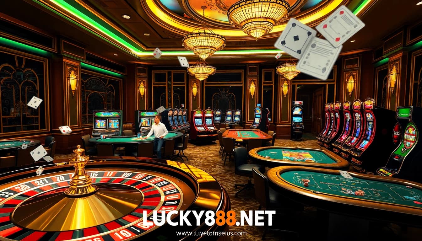 Experience the thrill of winning at LUCKY88US.NET with vibrant casino tables and exciting gambling elements.