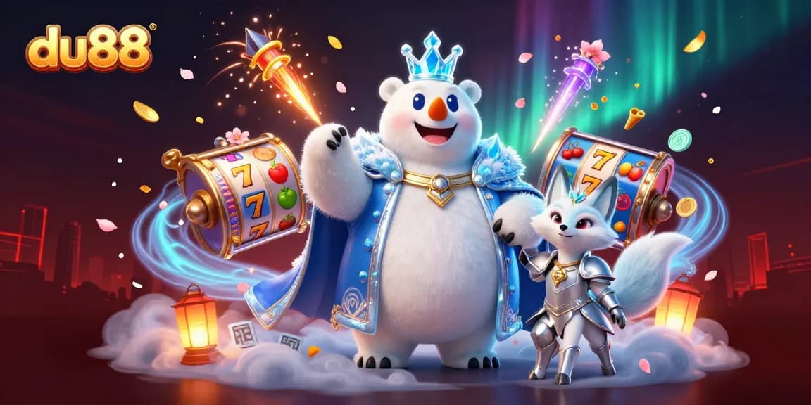 Experience thrilling action at du88 with a vibrant 3D scene of a polar bear and snow fox surrounded by slot reels and lucky symbols.