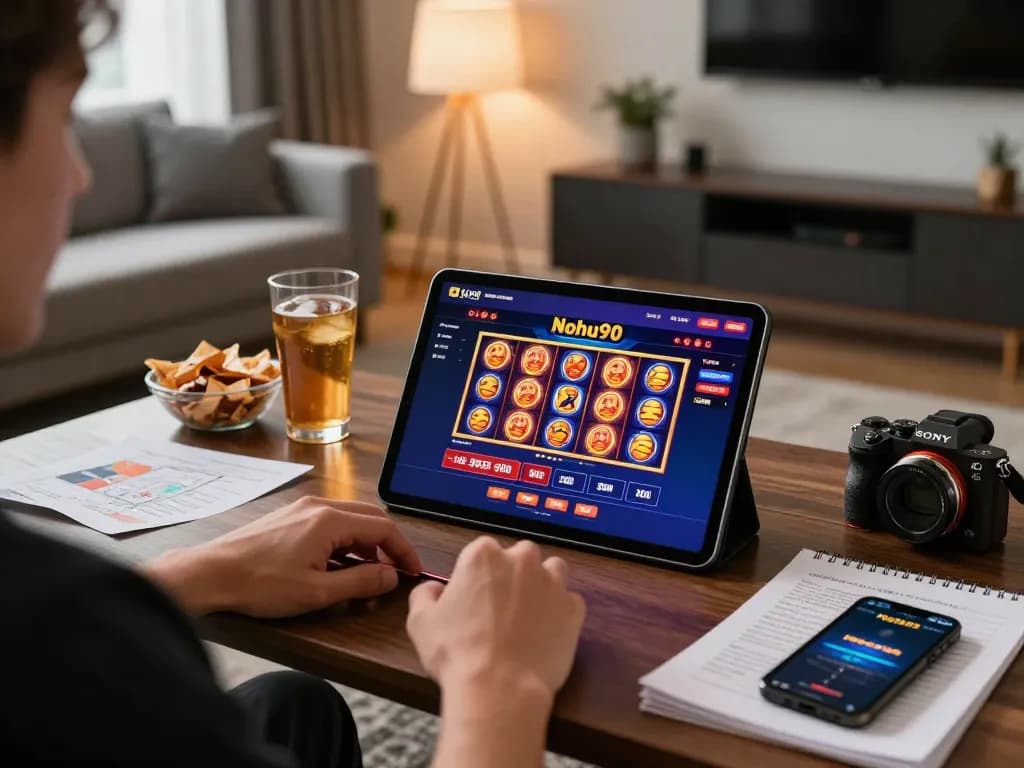 Nohu90 player enjoying online slots at home with vibrant game display and cozy ambiance.