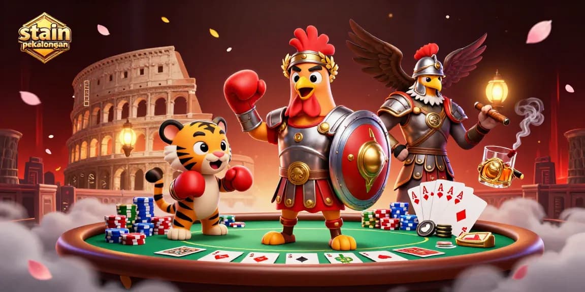 Engage with thrilling gameplay at stain pekalongan featuring a rooster gladiator and tiger cub in a vibrant casino scene.