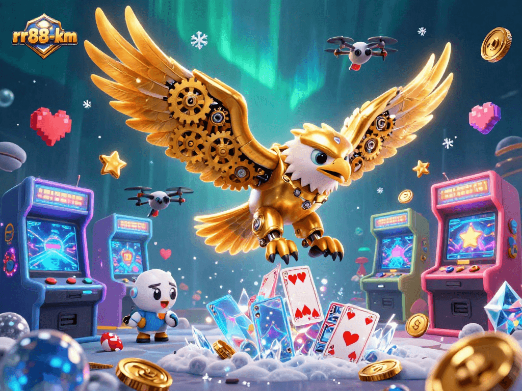 Experience thrilling gaming at rr88-km with a cybernetic eagle amidst dazzling casino elements.