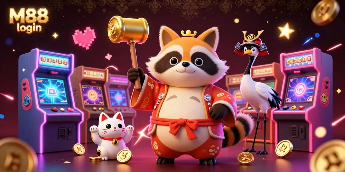 M88 login to vibrant, detailed cartoon illustration capturing gaming excitement with tanuki and fortunes.