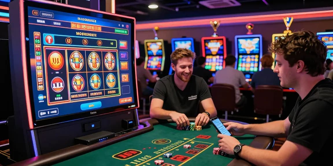 Renkli dijital ortamda slot ve blackjack oynayan oyuncularla heyecan verici online casino siteleri deneyimi.